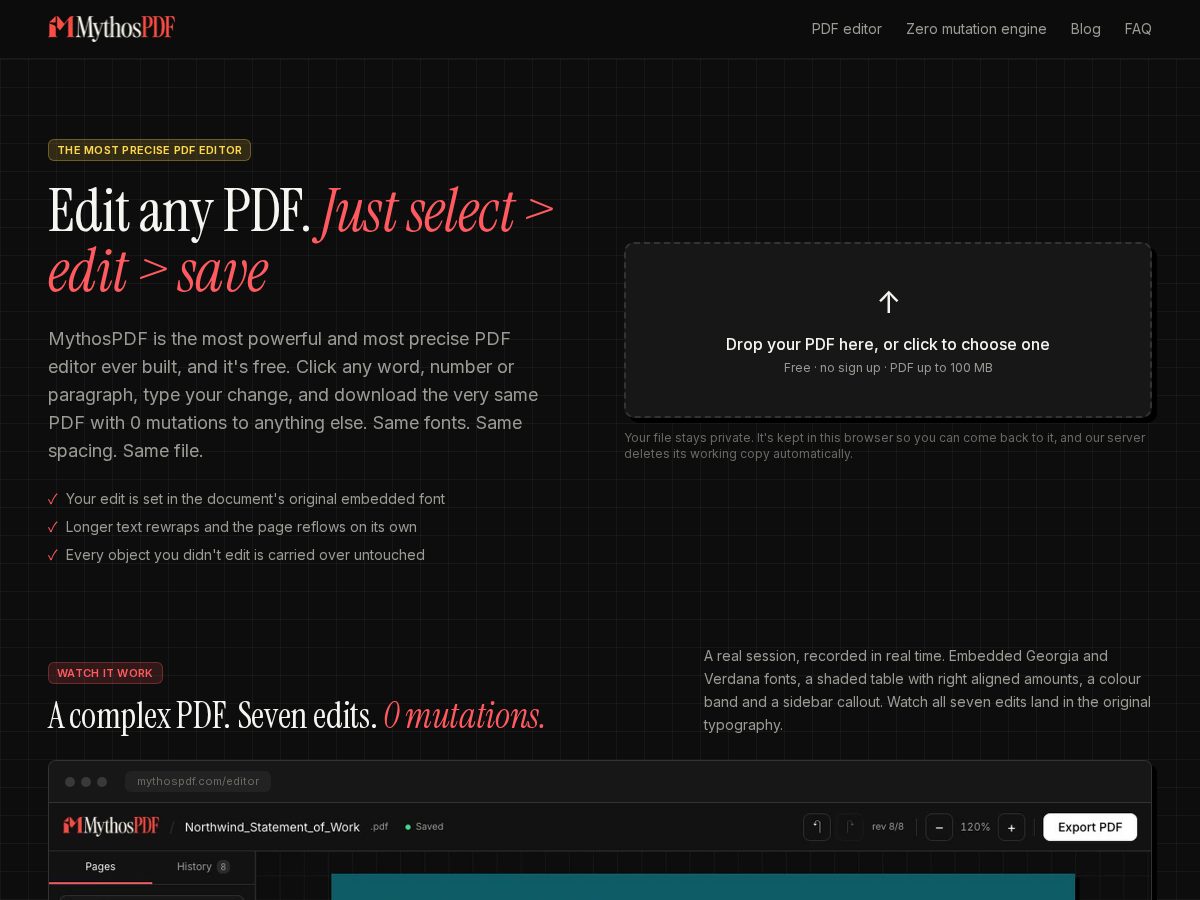 Landing-page snapshot of mythospdf.com