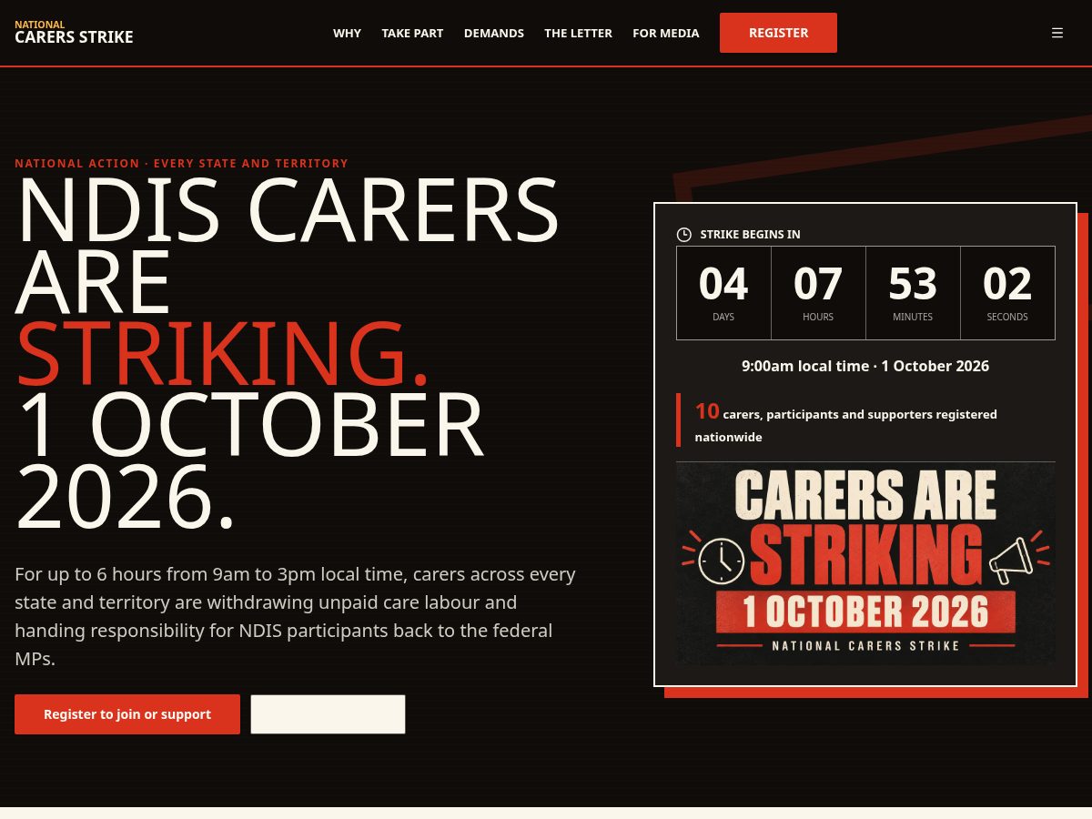 Landing-page snapshot of ndiscarerstrike.com