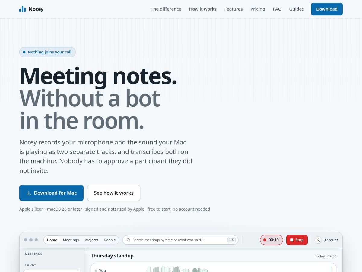 Landing-page snapshot of noteymeet.com