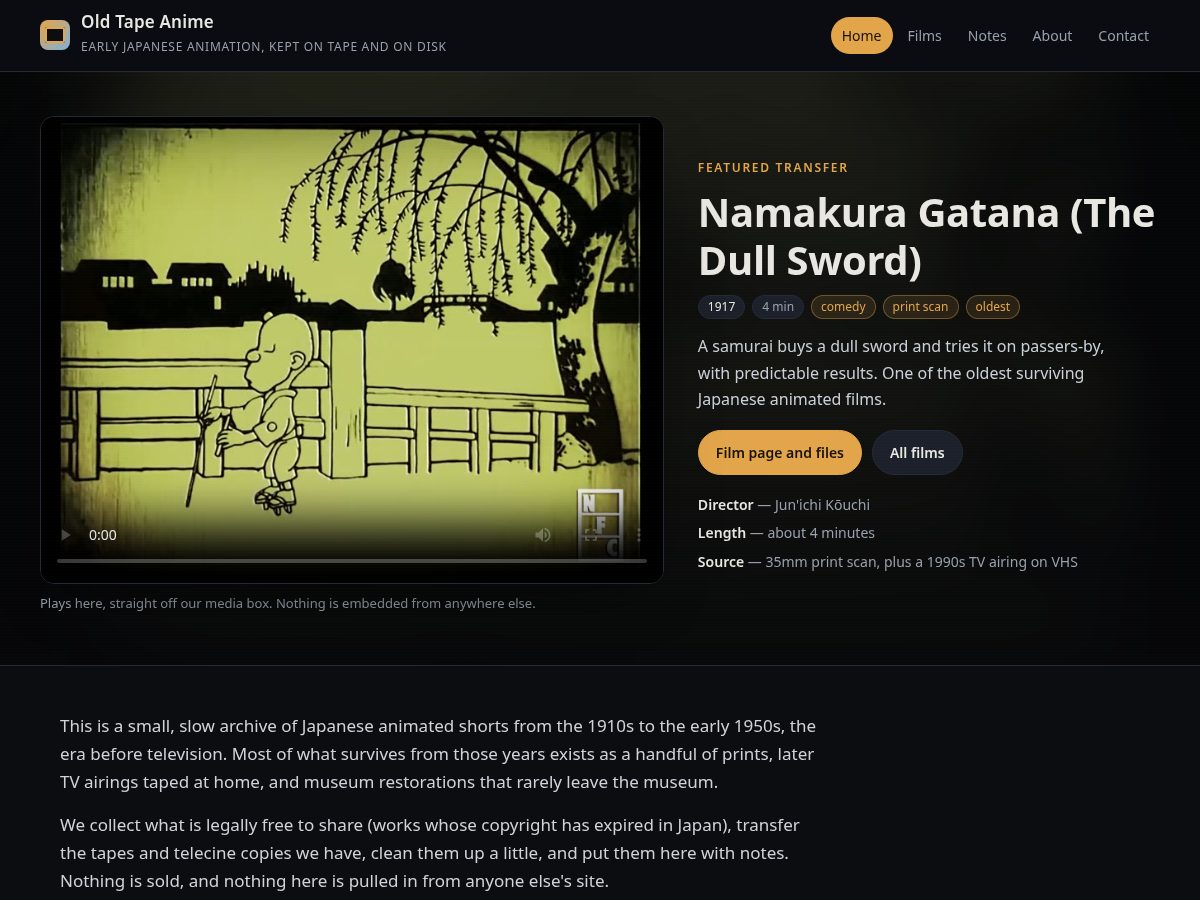 Landing-page snapshot of oldtapeanime.com
