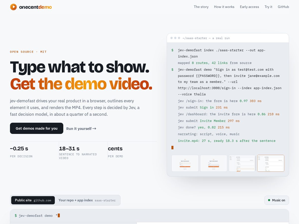 Landing-page snapshot of onecentdemo.com