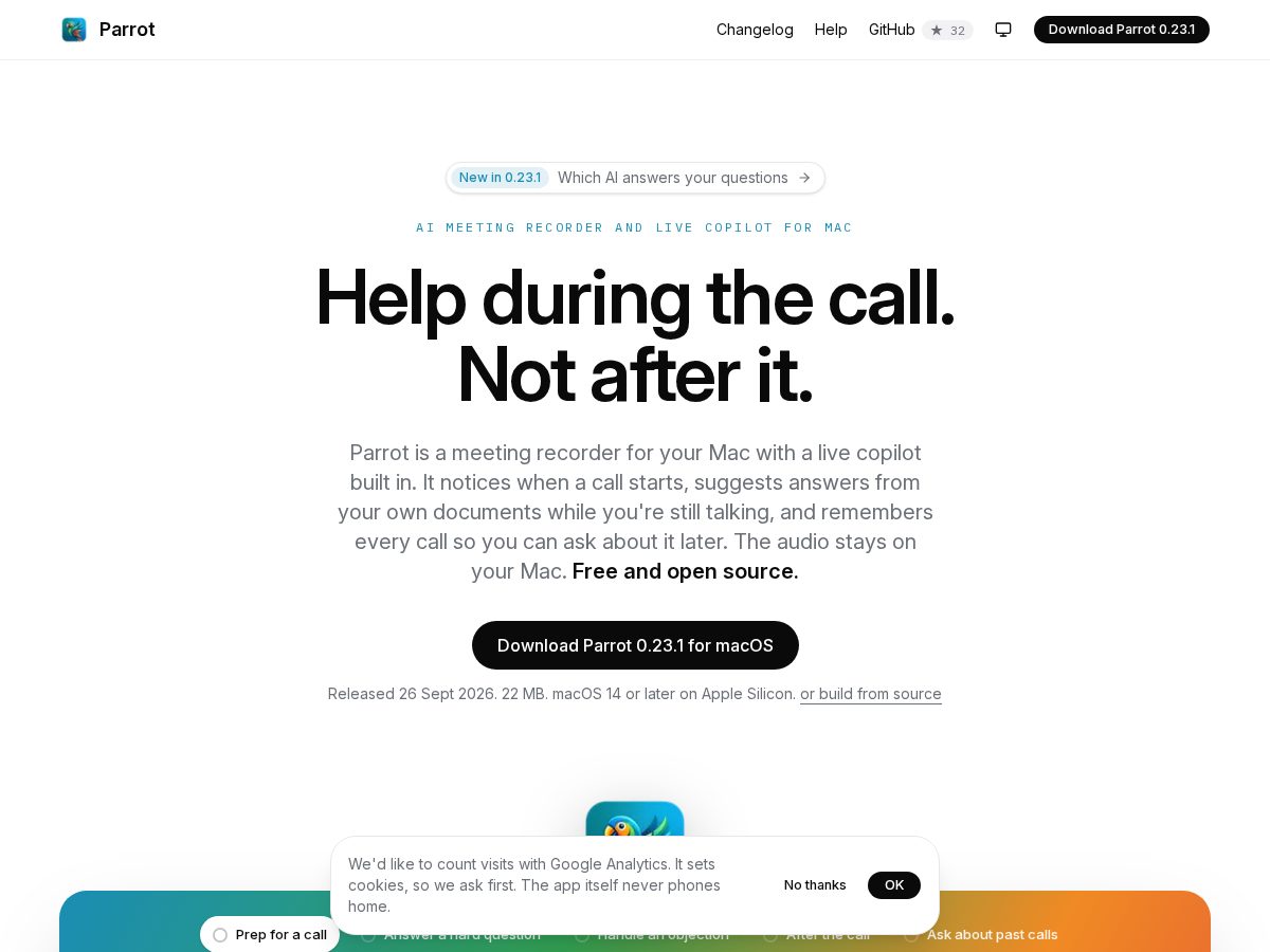 Landing-page snapshot of openparrot.app