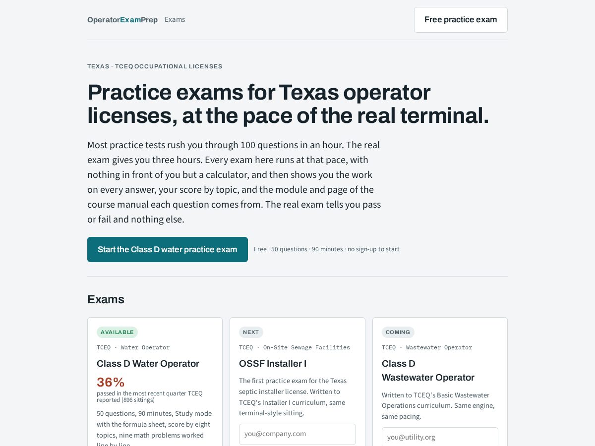 Landing-page snapshot of operatorexamprep.com