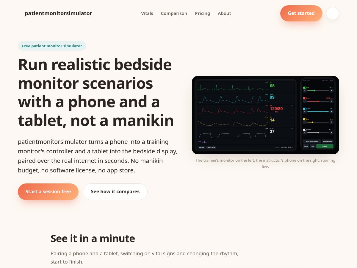 Landing-page snapshot of patientmonitorsimulator.com