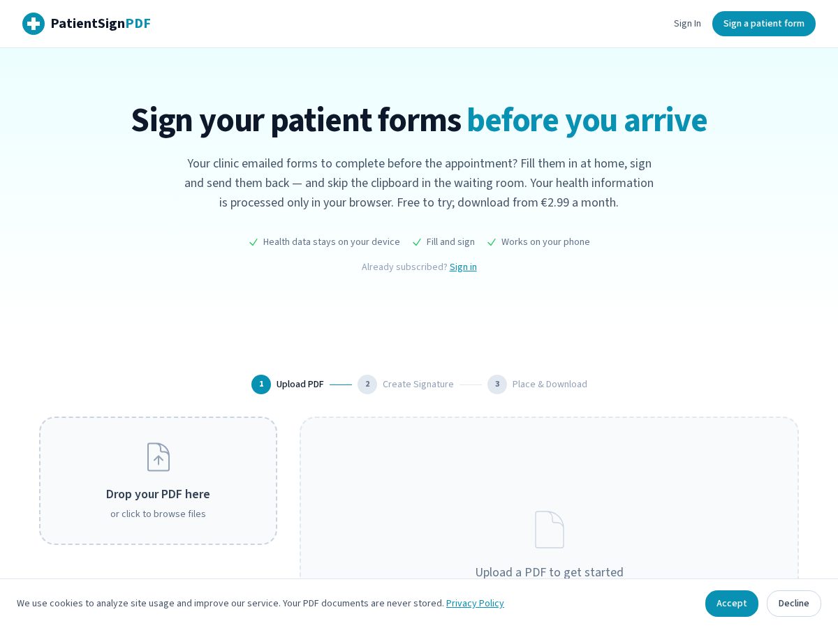 Landing-page snapshot of patientsignpdf.com
