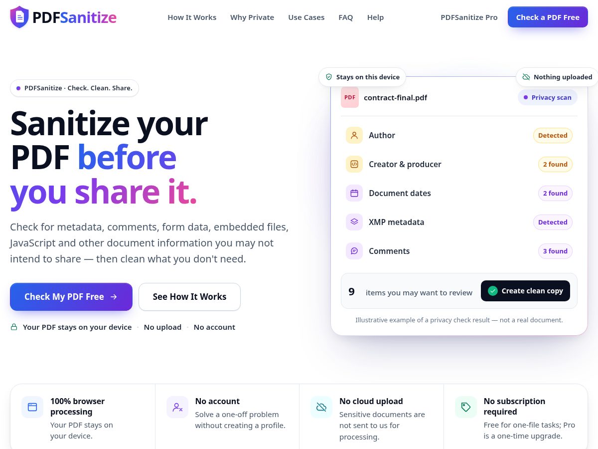 Landing-page snapshot of pdfsanitize.com