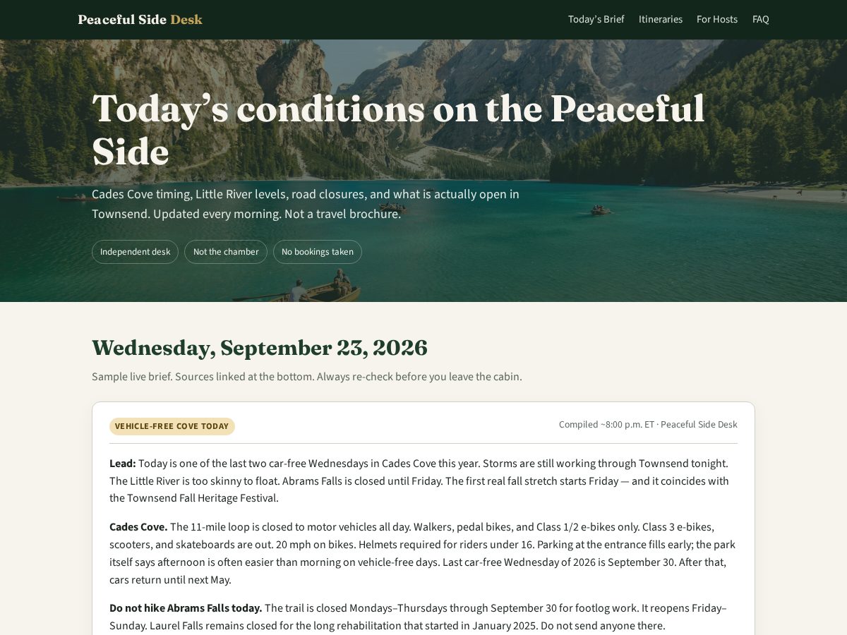 Landing-page snapshot of peacefulsidedesk.com