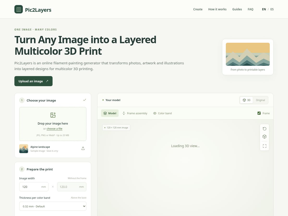 Landing-page snapshot of pic2layers.com