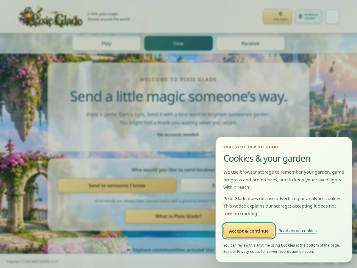 Landing-page snapshot of pixieglade.com