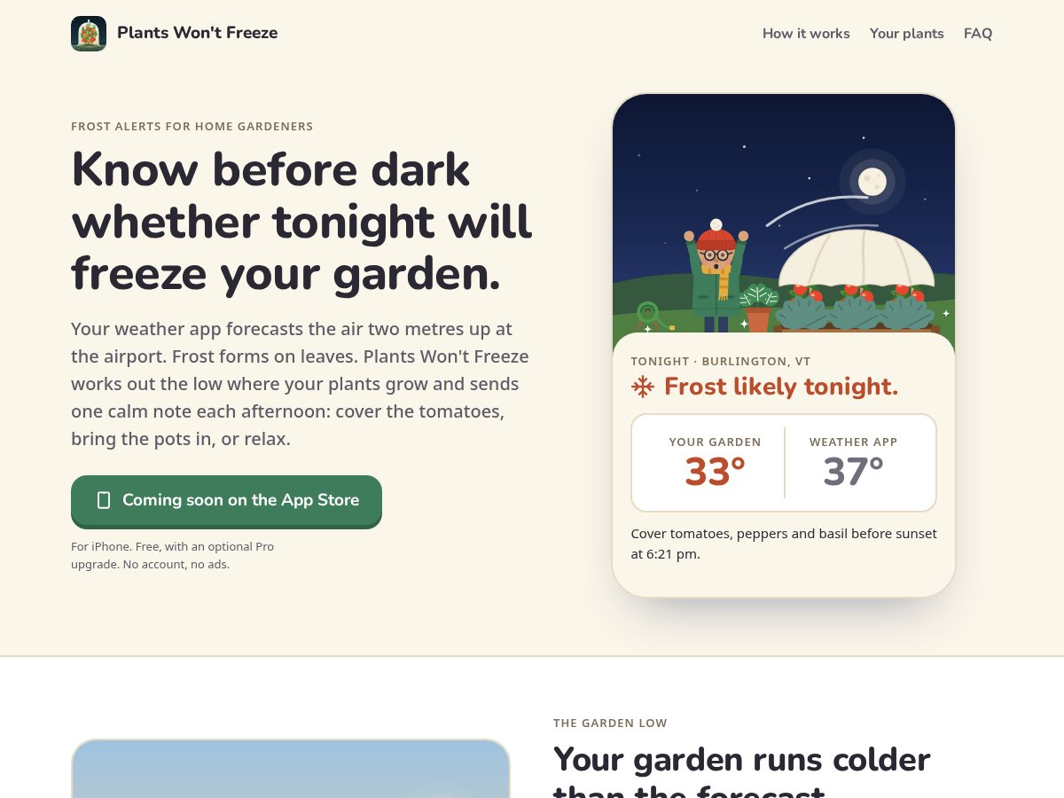 Landing-page snapshot of plantswontfreeze.com