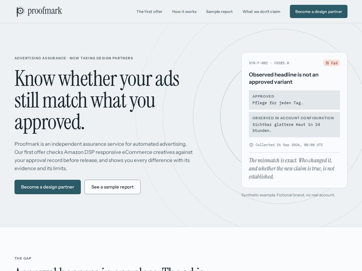 Landing-page snapshot of proofmark.report