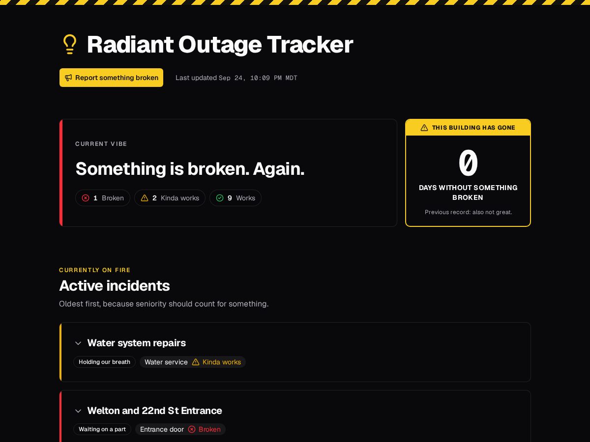 Landing-page snapshot of radiantoutagetracker.com