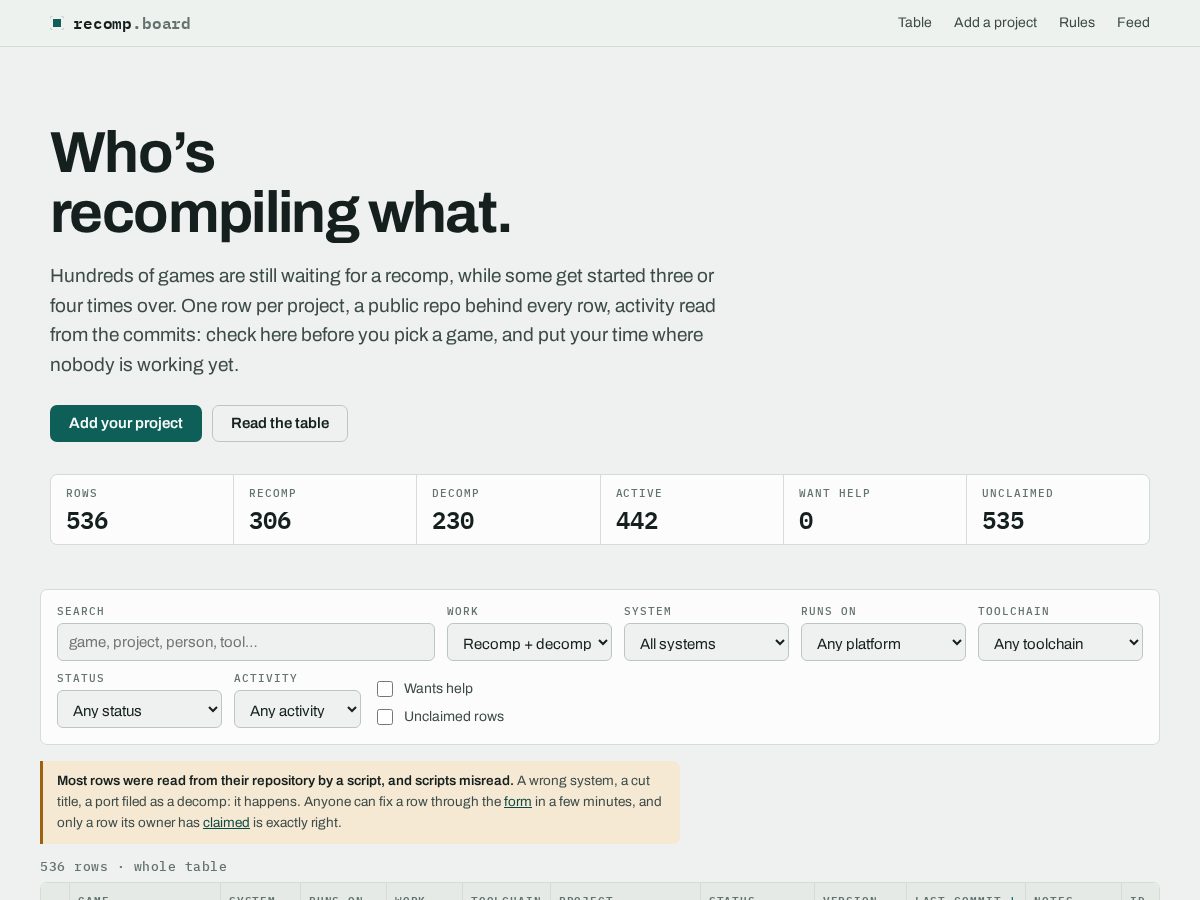 Landing-page snapshot of recomp.fyi