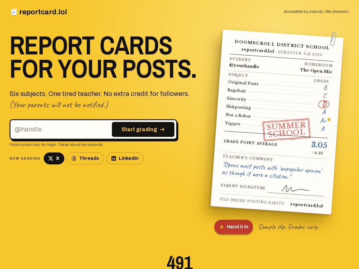 Landing-page snapshot of reportcard.lol