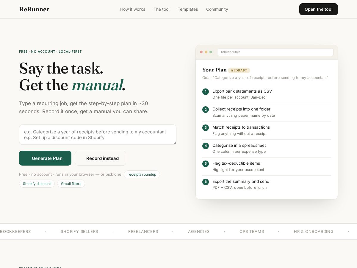 Landing-page snapshot of rerunner.run