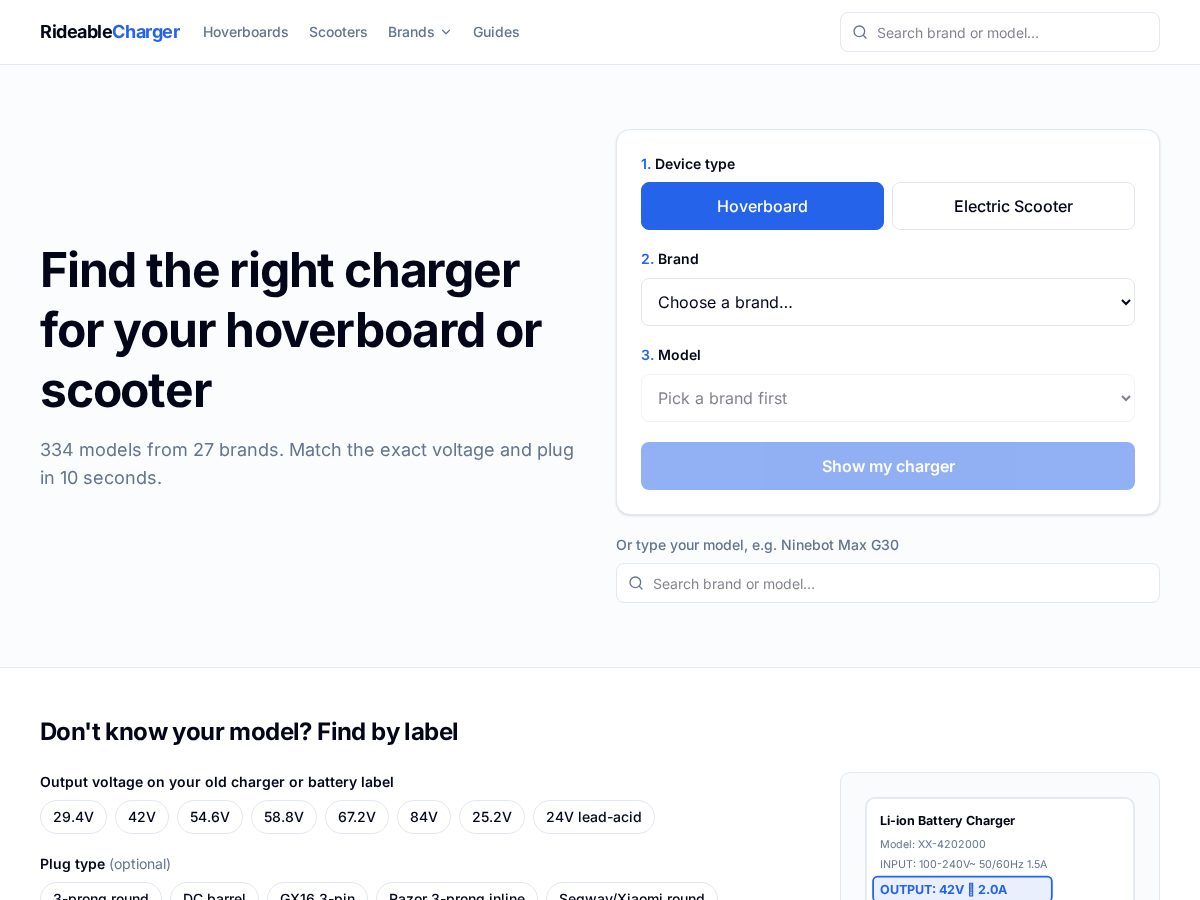 Landing-page snapshot of rideablecharger.com