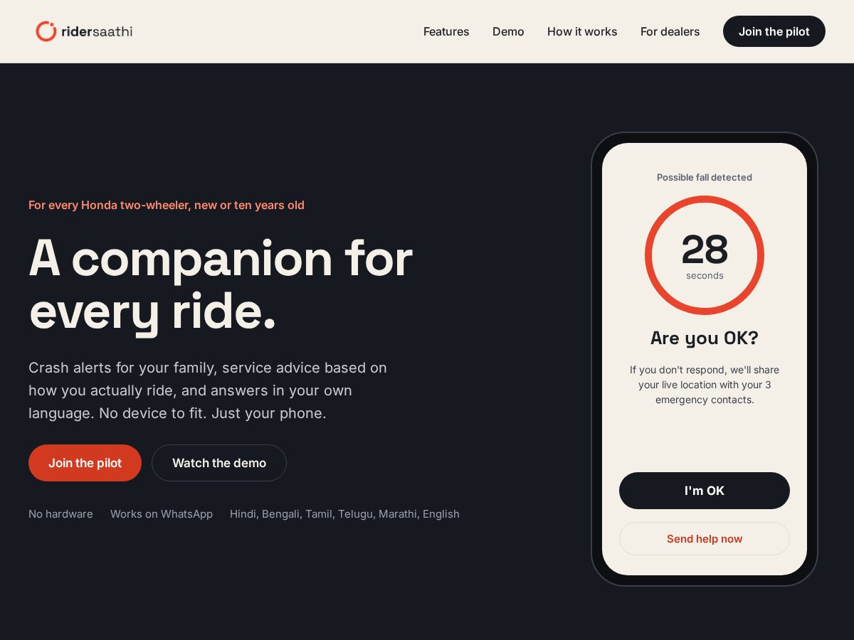 Landing-page snapshot of ridersaathi.com