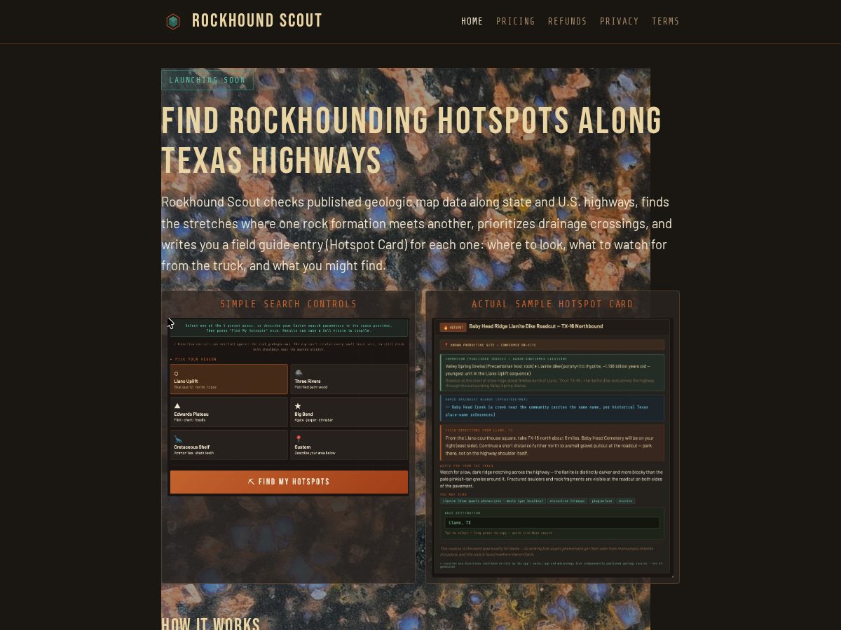 Landing-page snapshot of rockhoundscout.com