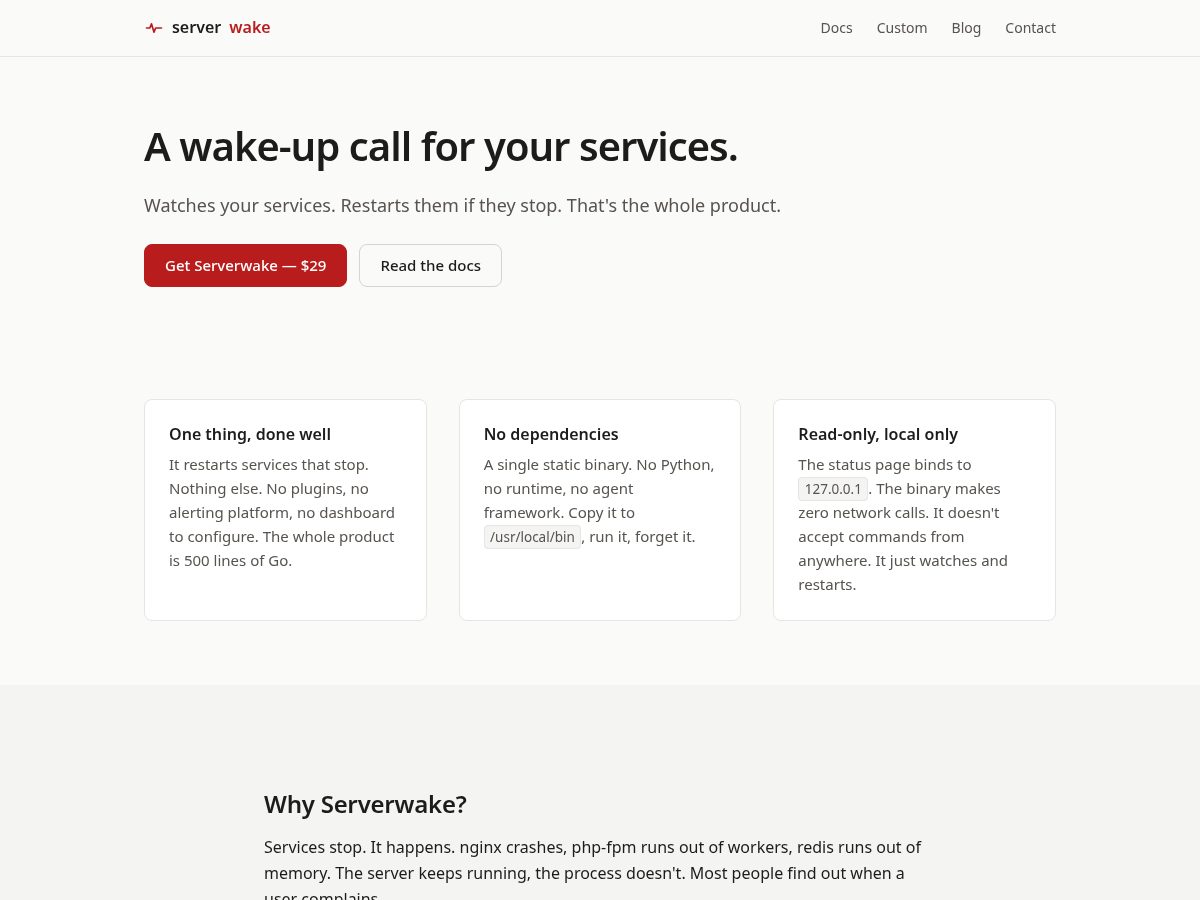 Landing-page snapshot of serverwake.com