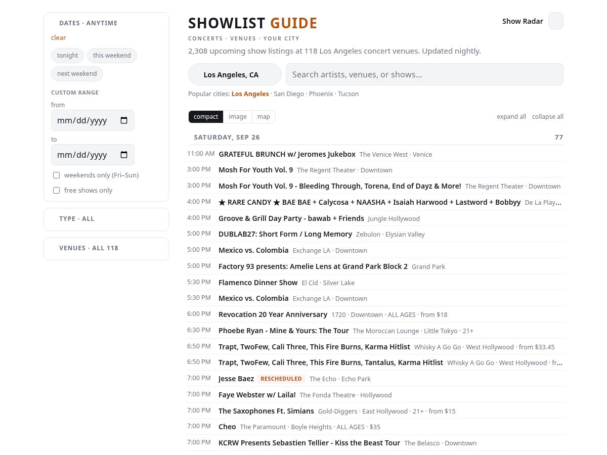 Landing-page snapshot of showlistguide.com