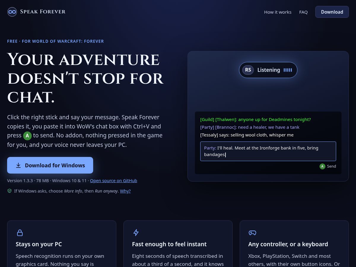 Landing-page snapshot of speakforever.app