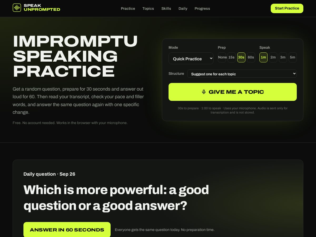 Landing-page snapshot of speakunprompted.com