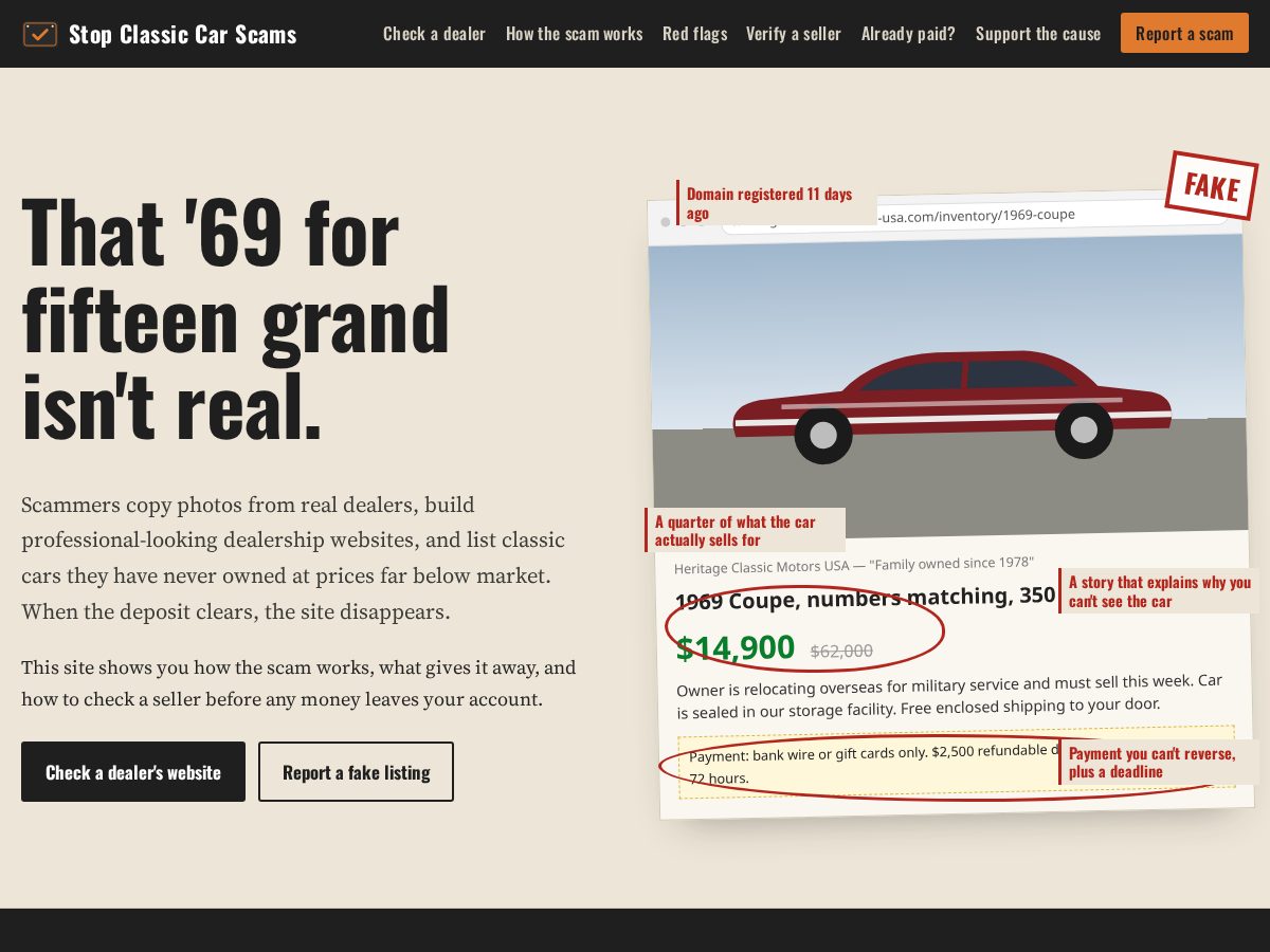 Landing-page snapshot of stopclassiccarscams.org