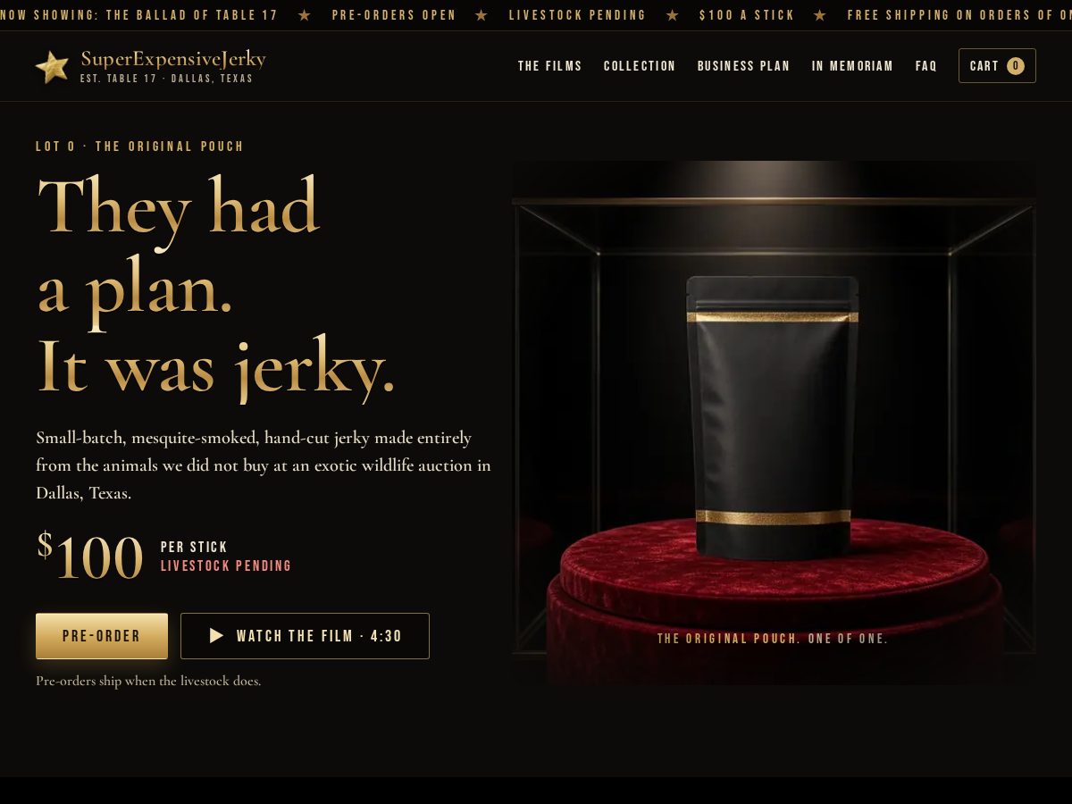 Landing-page snapshot of superexpensivejerky.com