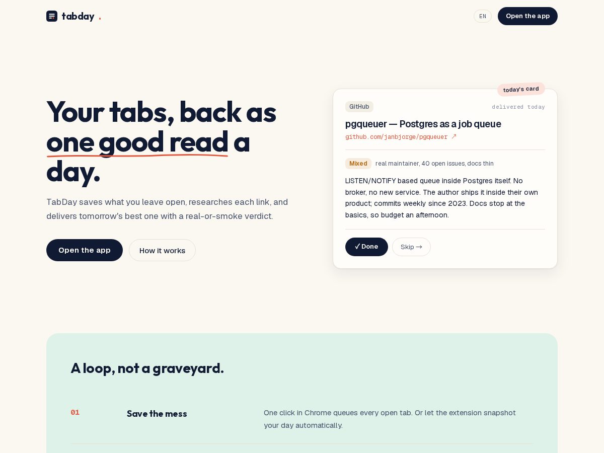 Landing-page snapshot of tabday.app
