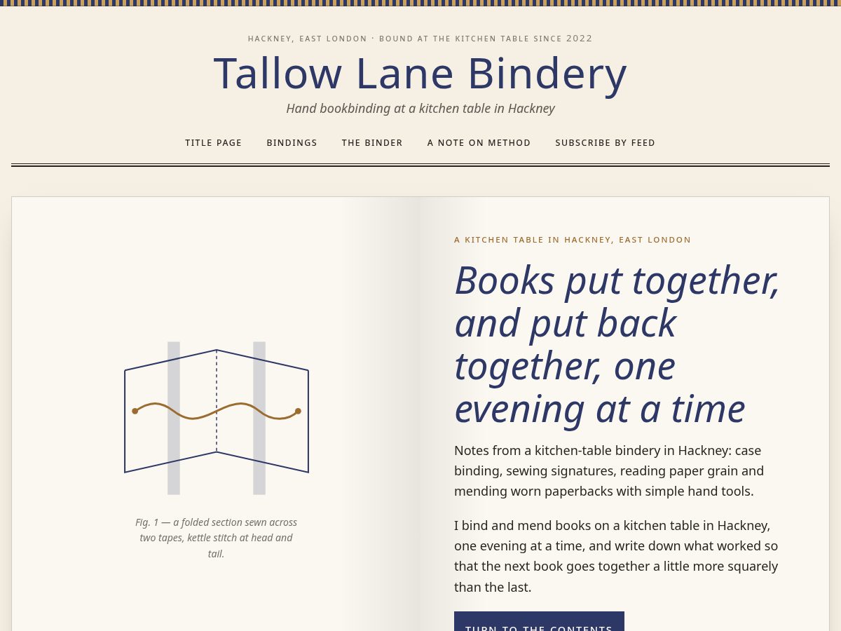 Landing-page snapshot of tallowlanebindery.com
