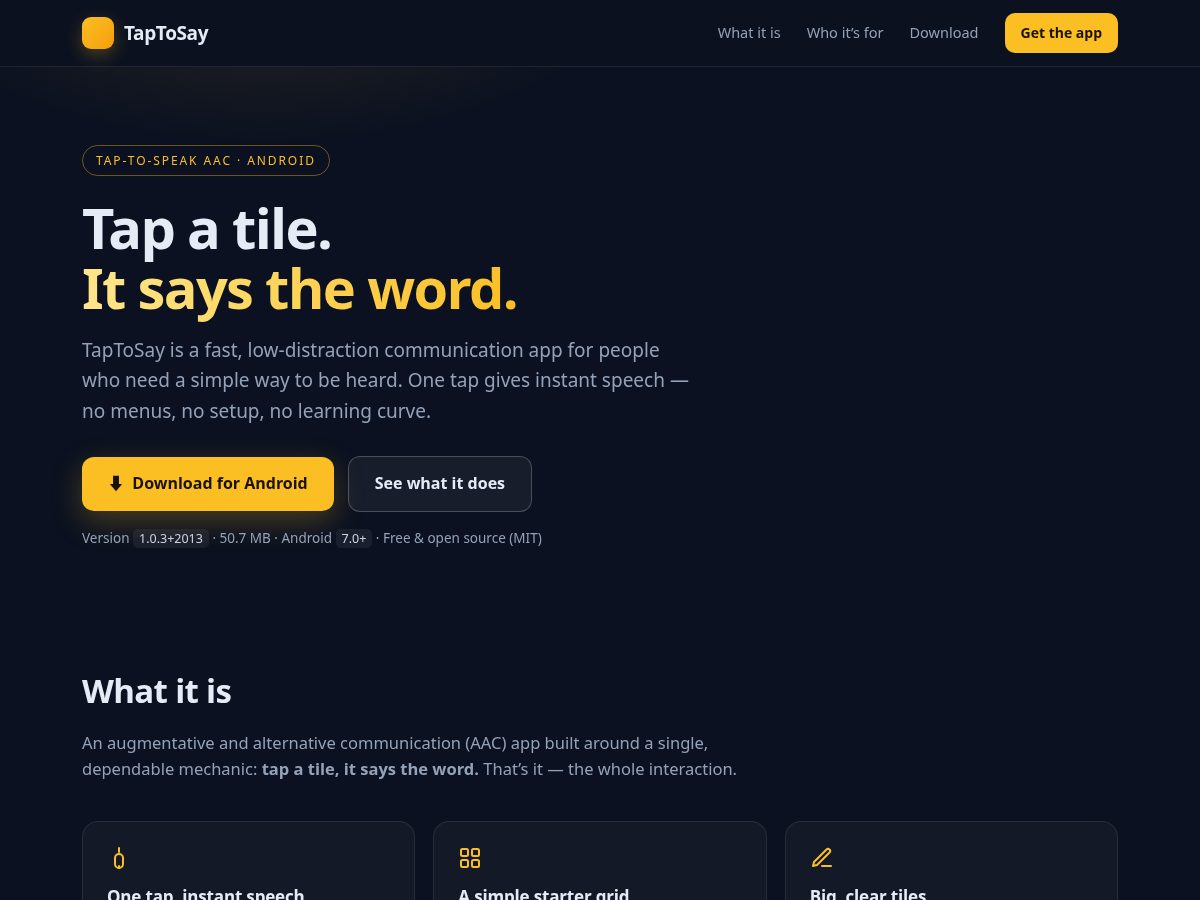 Landing-page snapshot of taptosay.app