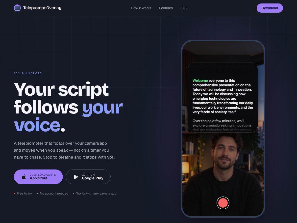 Landing-page snapshot of telepromptoverlay.app