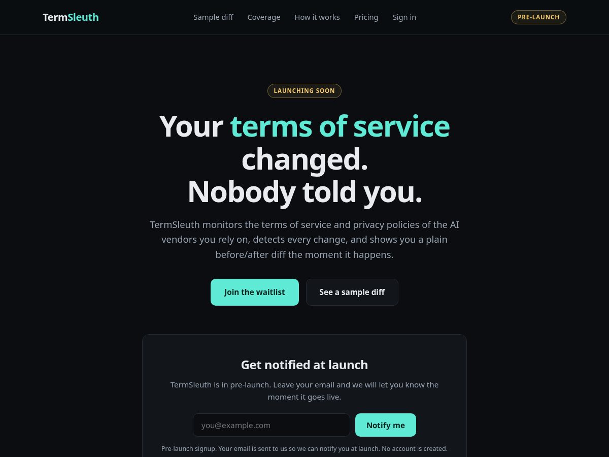 Landing-page snapshot of termsleuth.com