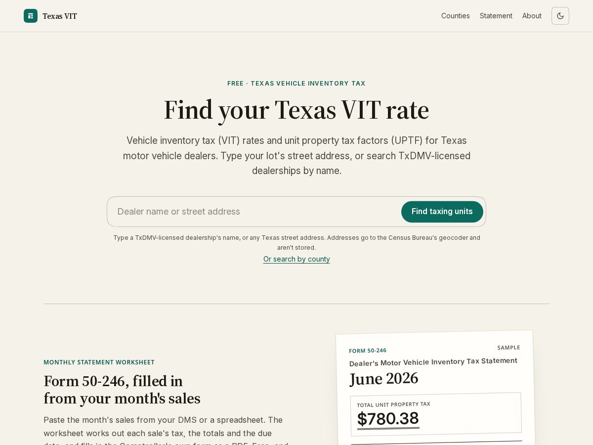 Landing-page snapshot of texasvit.com