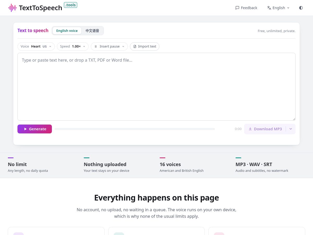 Landing-page snapshot of texttospeech.tools