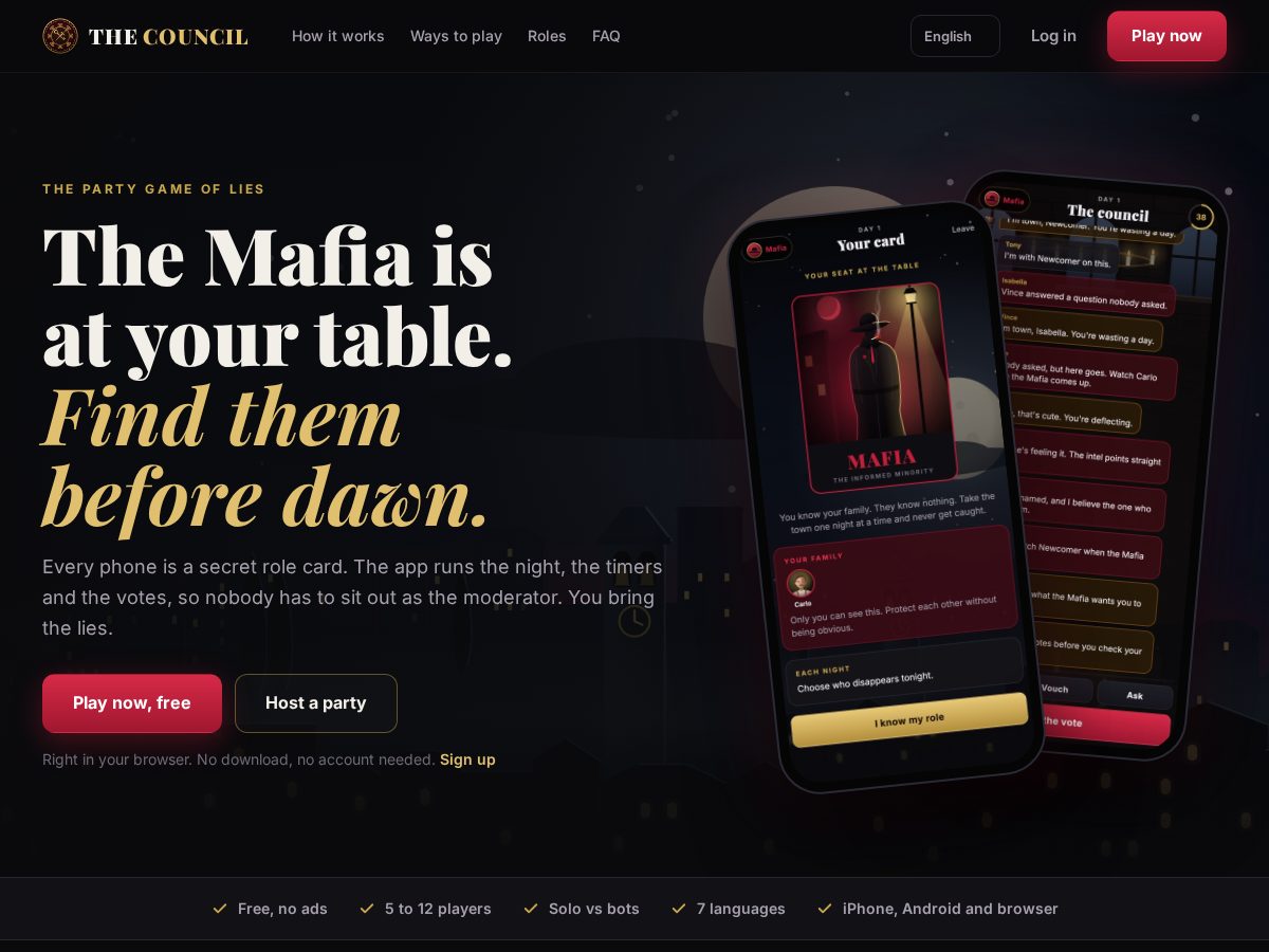 Landing-page snapshot of thecouncil.games