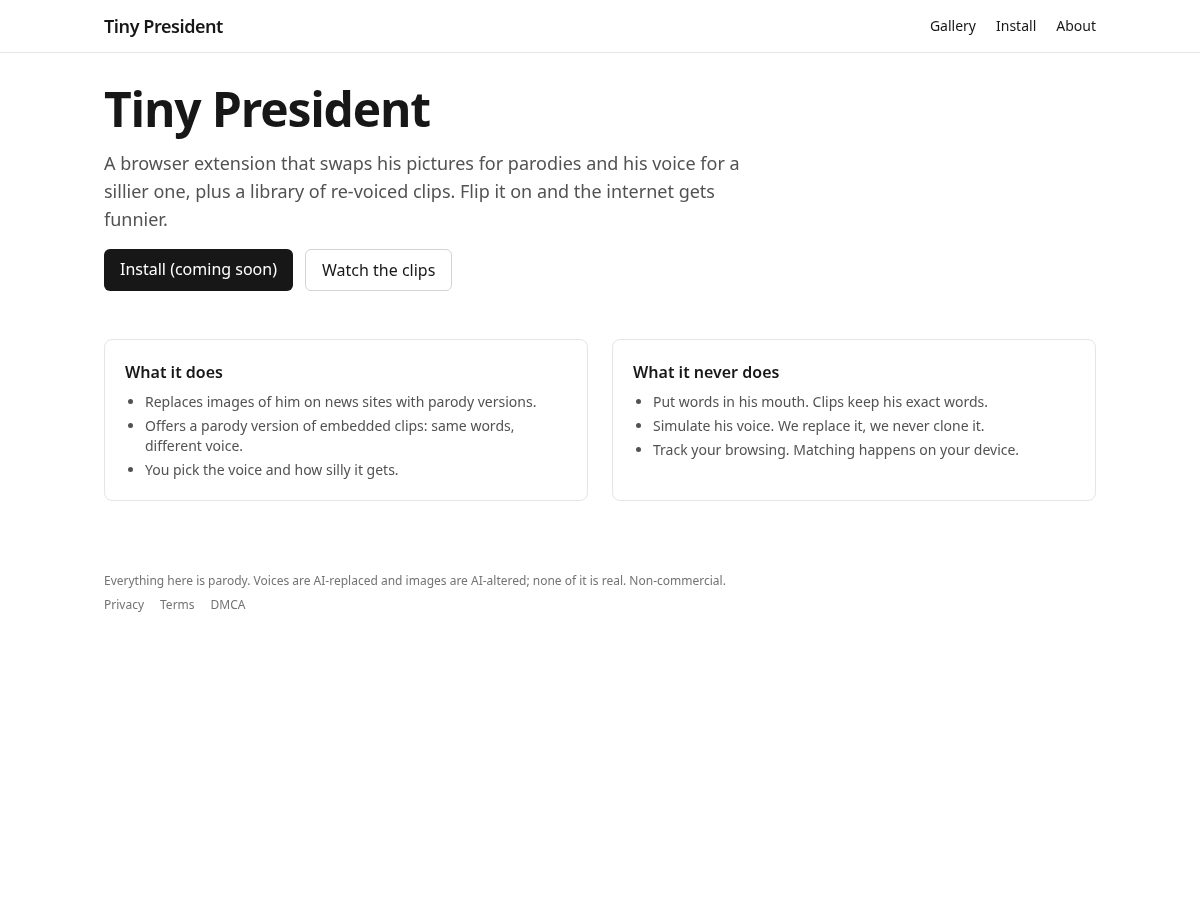 Landing-page snapshot of tinypresident.org