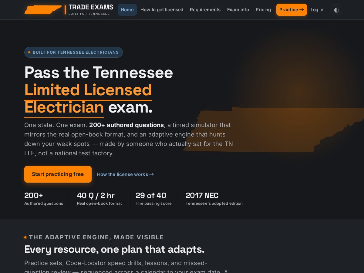 Landing-page snapshot of tntradeexams.com