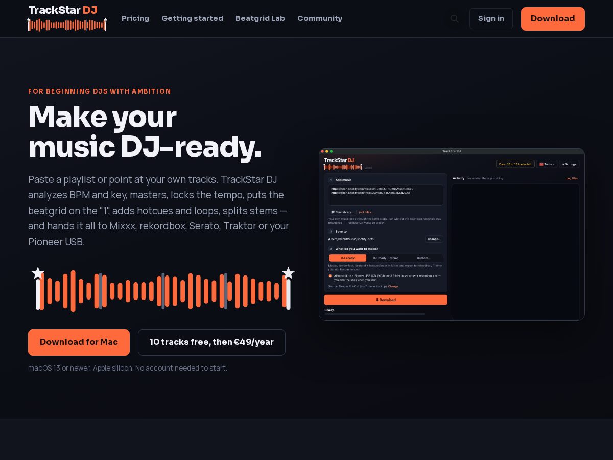 Landing-page snapshot of trackstardj.com