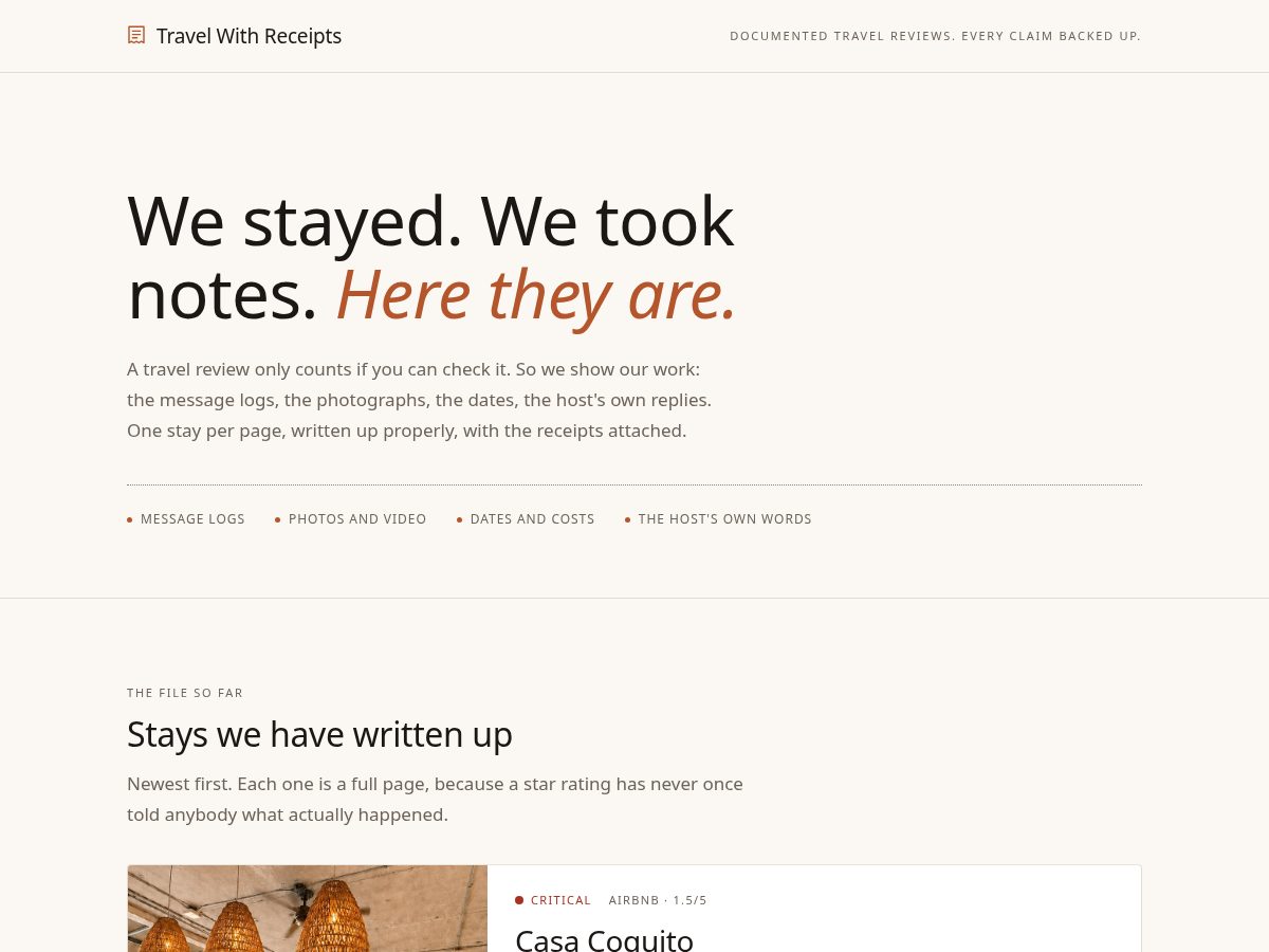 Landing-page snapshot of travelwithreceipts.com