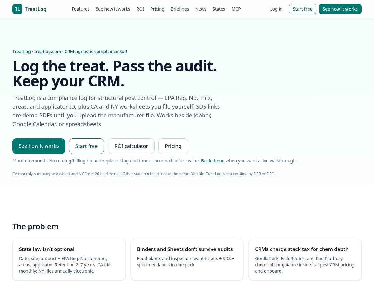 Landing-page snapshot of treatlog.com