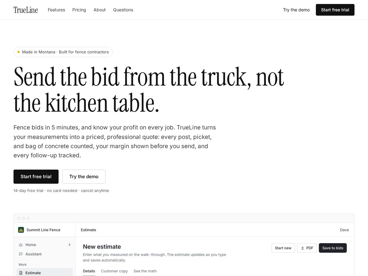 Landing-page snapshot of truelinebids.com