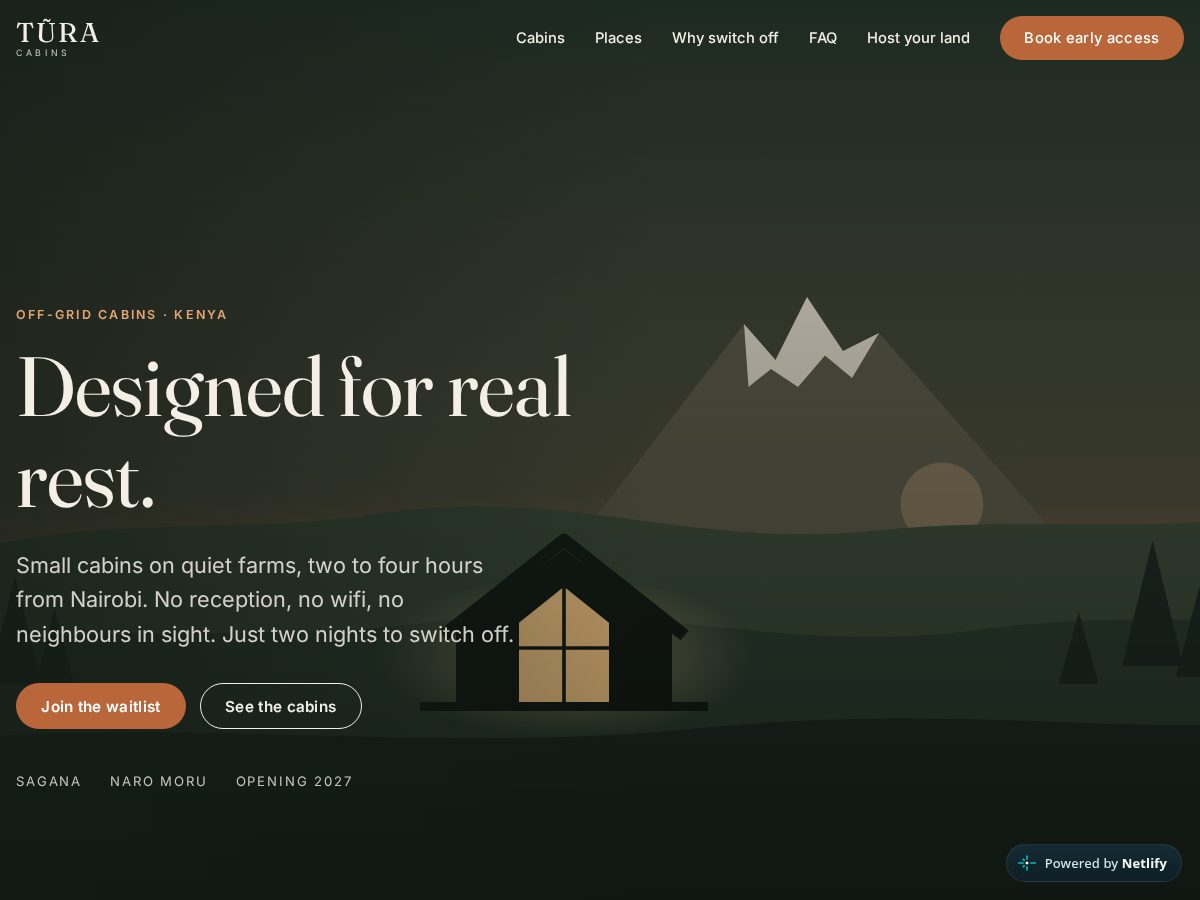 Landing-page snapshot of turacabins.com