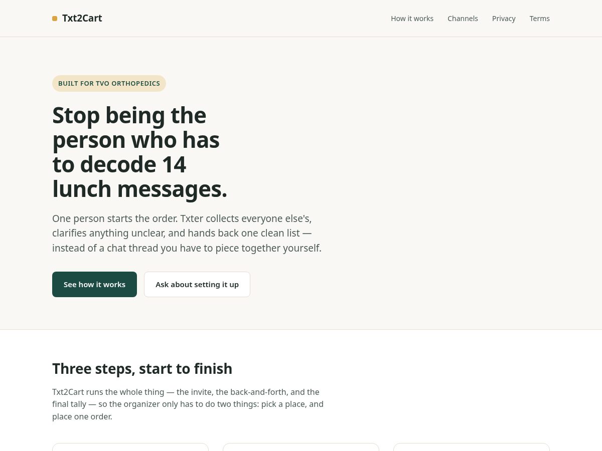 Landing-page snapshot of txt2cart.app