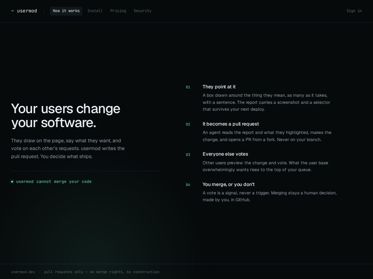 Landing-page snapshot of usermod.dev