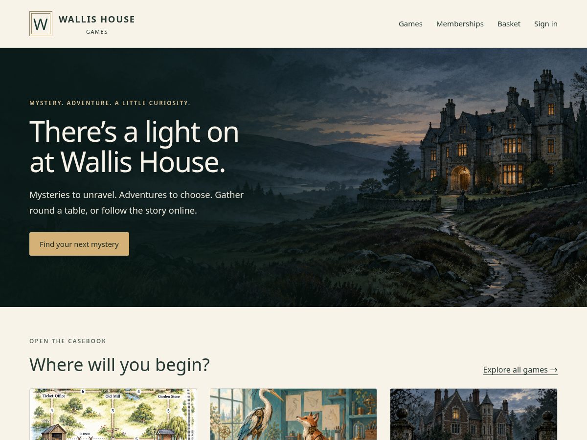 Landing-page snapshot of wallishousegames.com