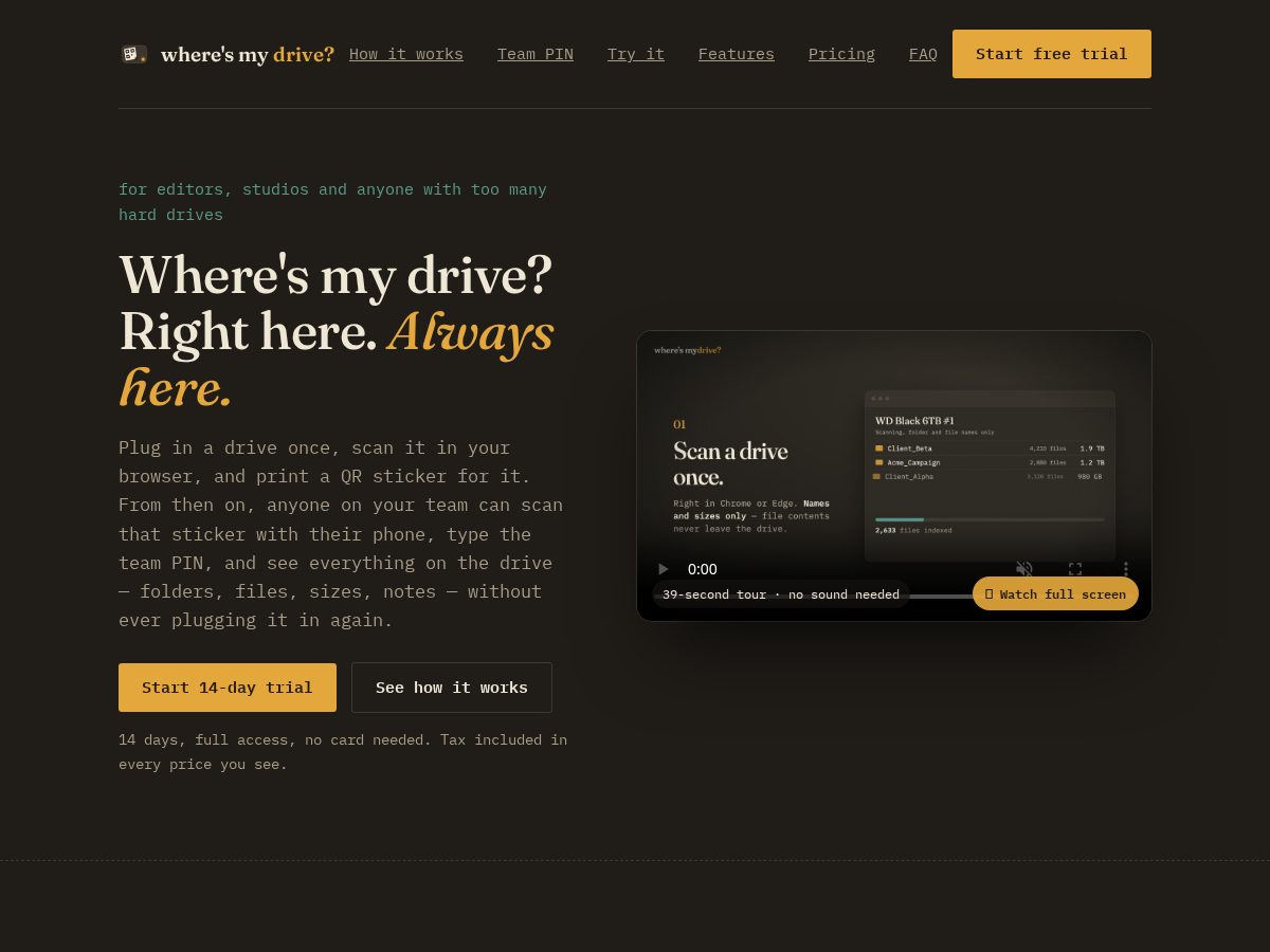 Landing-page snapshot of wheresmydrive.app