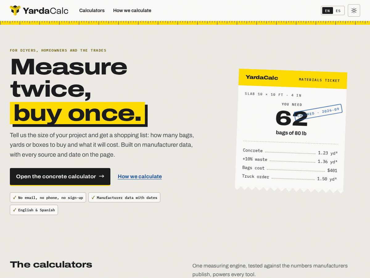 Landing-page snapshot of yardacalc.com