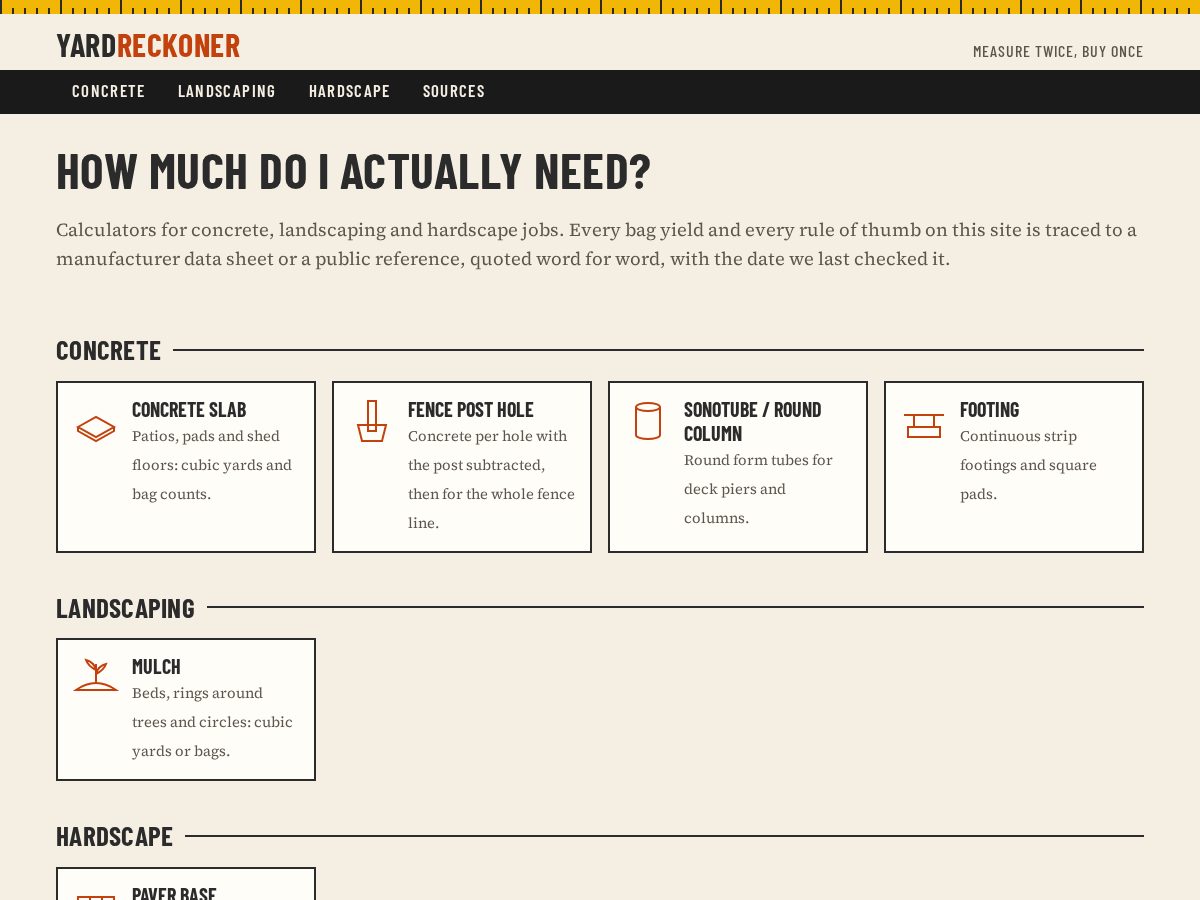 Landing-page snapshot of yardreckoner.com