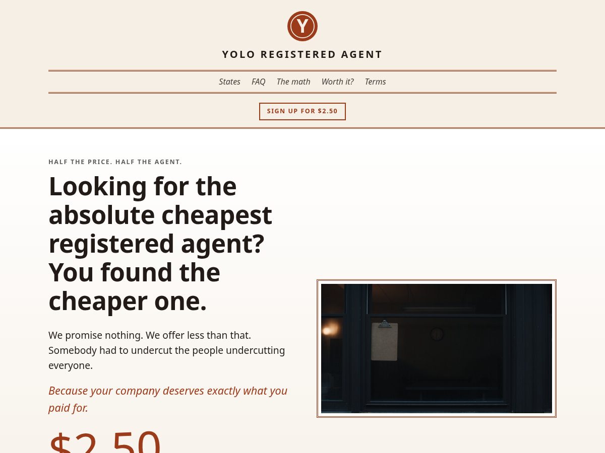 Landing-page snapshot of yoloregisteredagent.com